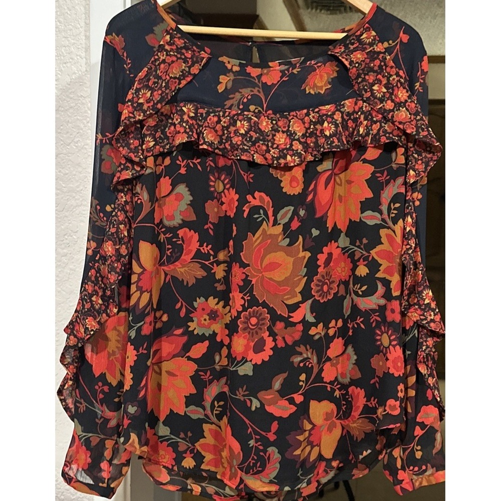 Loft Collarless Floral Blouse Top, Long Sleeve, Size Medium, Floral Print